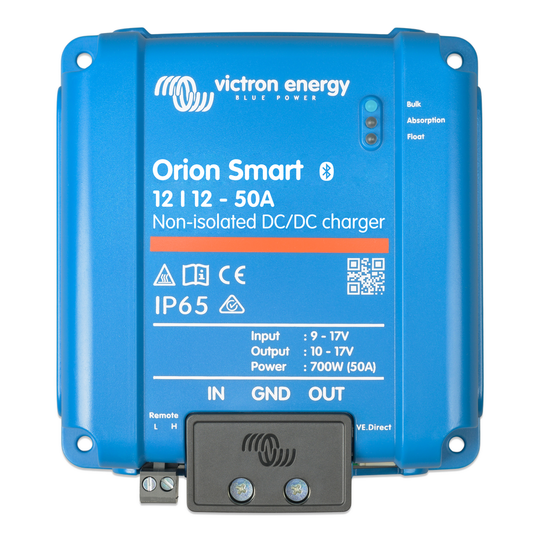 A blue Victron Energy Orion Smart non-isolated DC/DC charger with specifications printed on the front, including input and output ranges and power in watts.